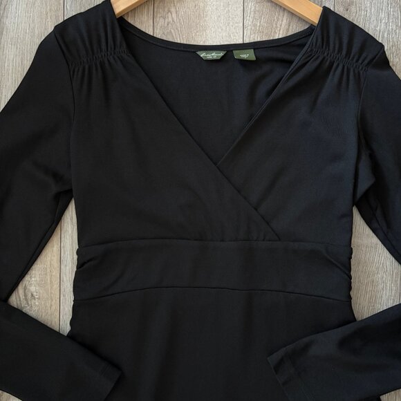 Eddie Bauer Faux Wrap Long Sleeve Black Dress Womens Size Small Travel Comfycore - Picture 2 of 13